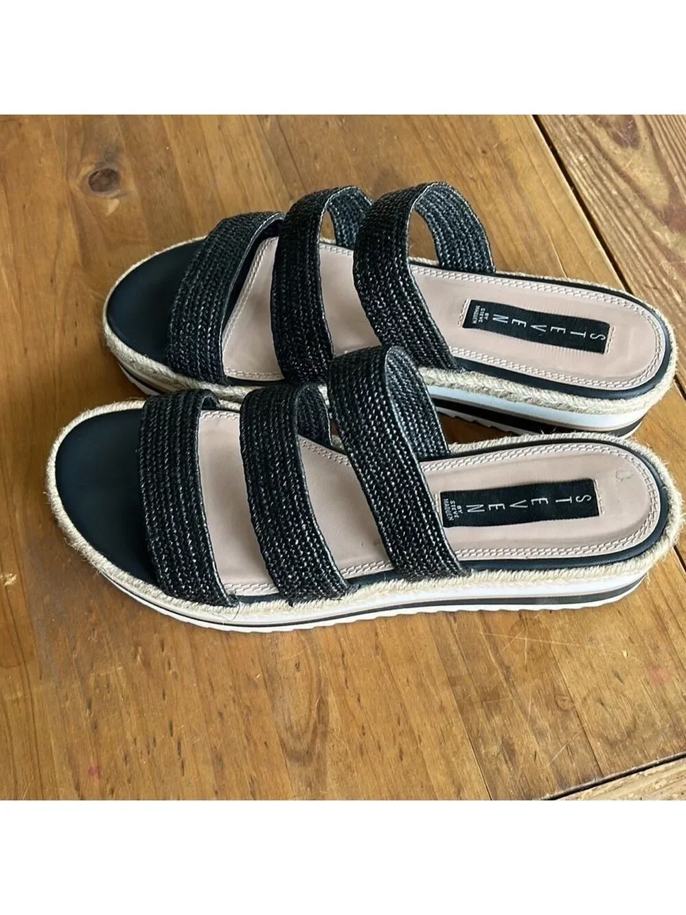 STEVEN Steve Madden Black Linz Women’s Platform Textile 3 Strap Wedge Sandals 9